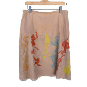 Intuitions  A-line Skirt Tan Multicolored Floral Embroidered Linen 10